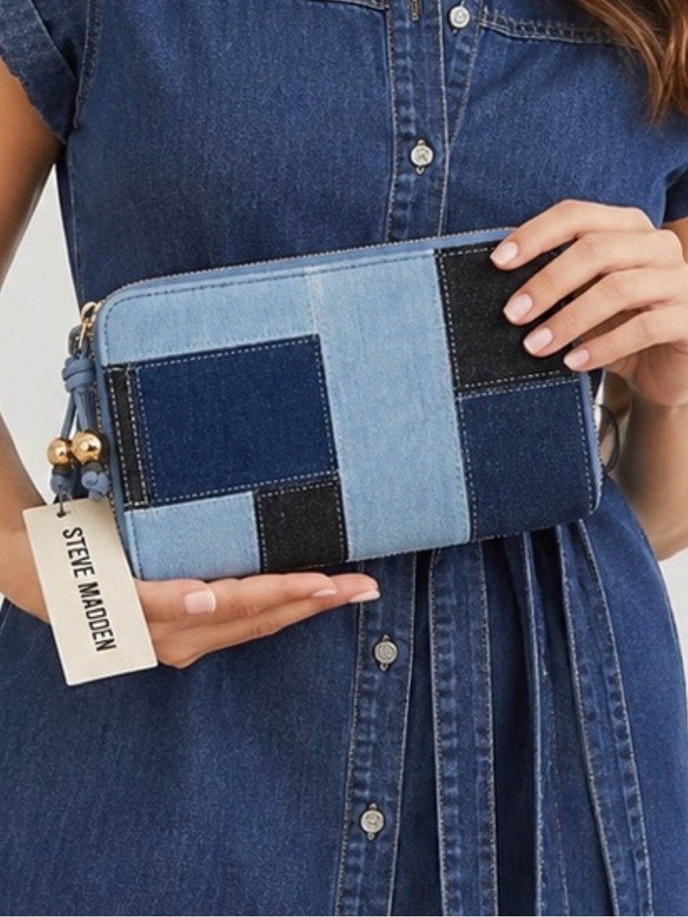 Steve Madden Denim Patchwork Zip Around Wallet Shades of Blue NWT